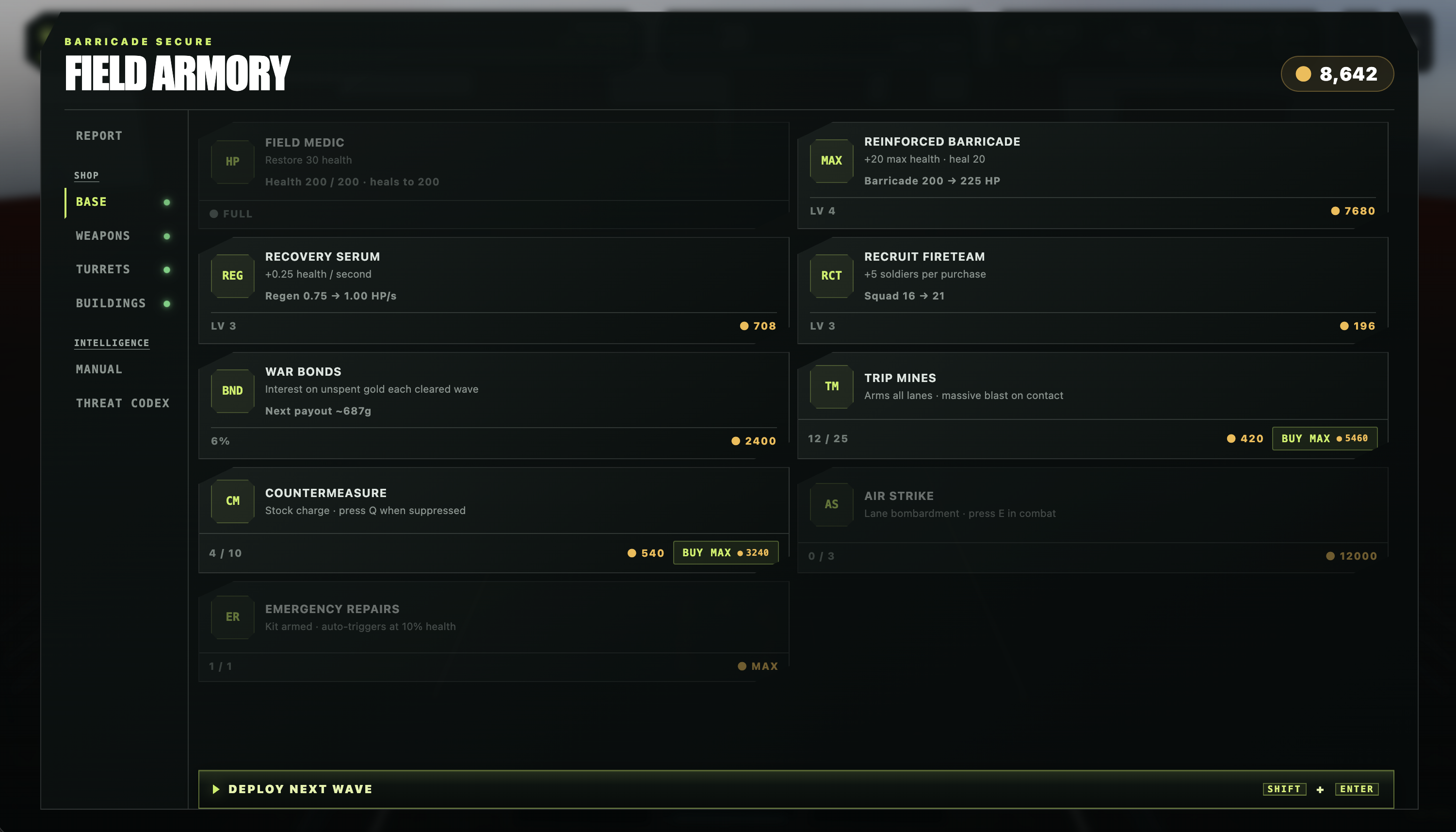 Screenshot of the shop from the current version of the game